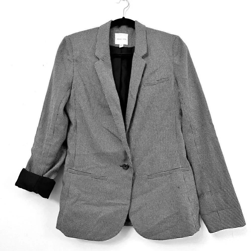 Silence+Noise Womens Blazer Jacket Button Long Sleeve Diamond Print Gray Medium